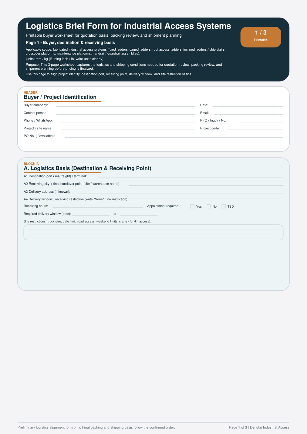 Page 1 preview of logistics brief worksheet for industrial access systems