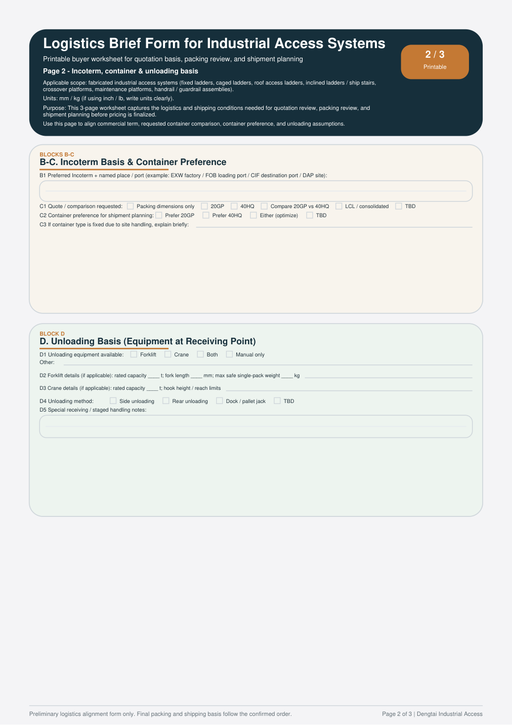 Page 2 preview of logistics brief worksheet for industrial access systems