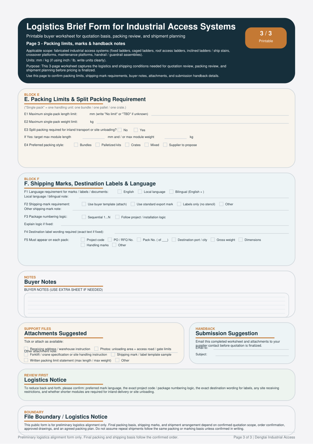 Page 3 preview of logistics brief worksheet for industrial access systems